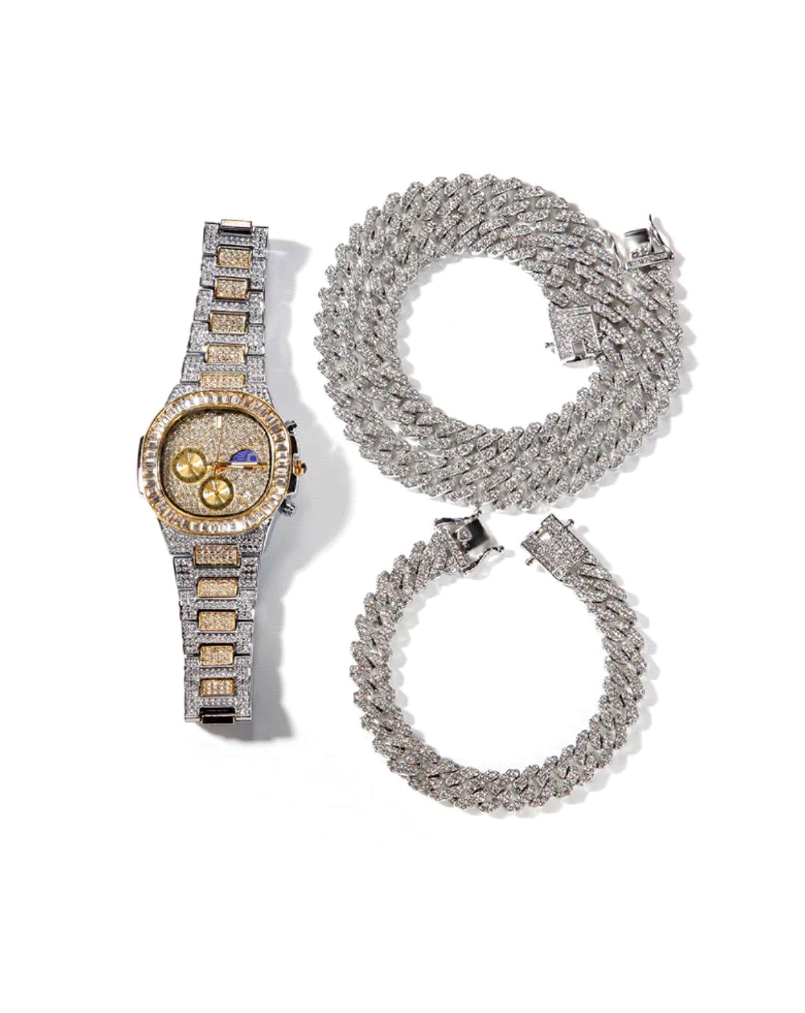 12MM Iced Out Bracelet + Necklace + Watch Set