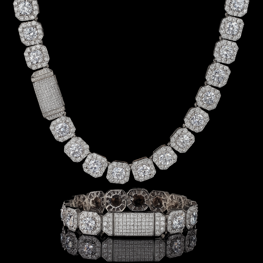 12MM Flip Buckle Iced Gemstone Chain + Bracelet Set