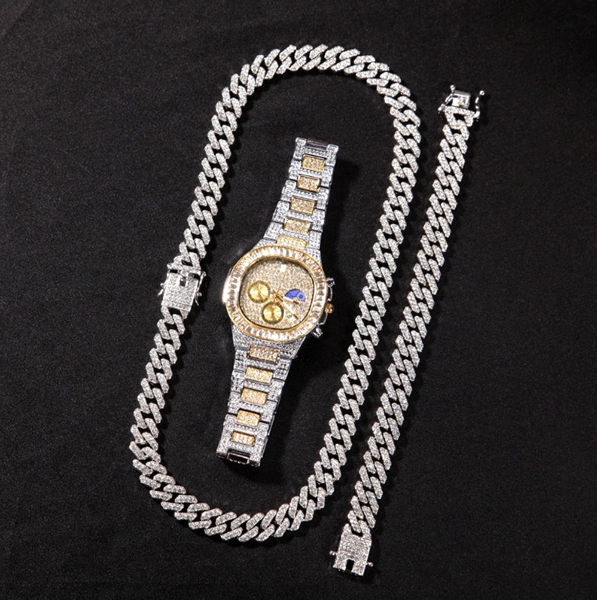 12MM Iced Out Bracelet + Necklace + Watch Set