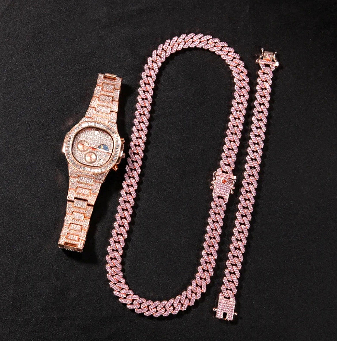 12MM Iced Out Bracelet + Necklace + Watch Set