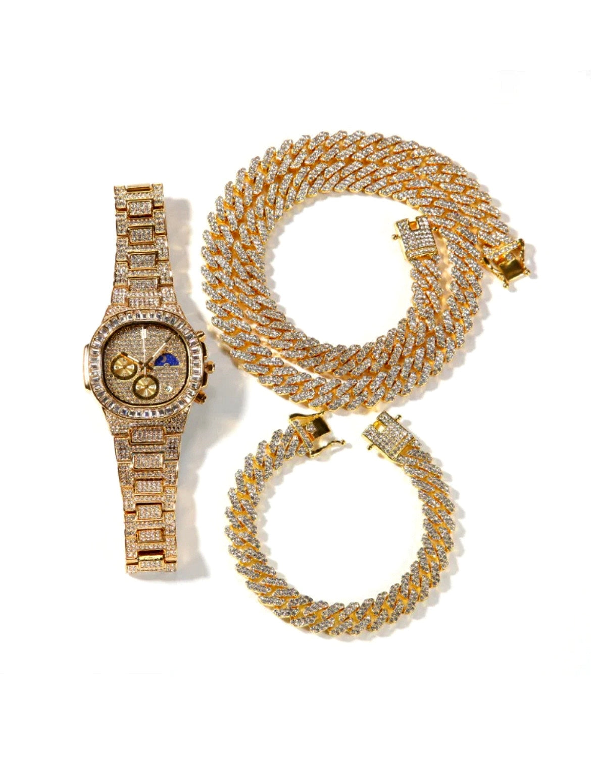 12MM Iced Out Bracelet + Necklace + Watch Set