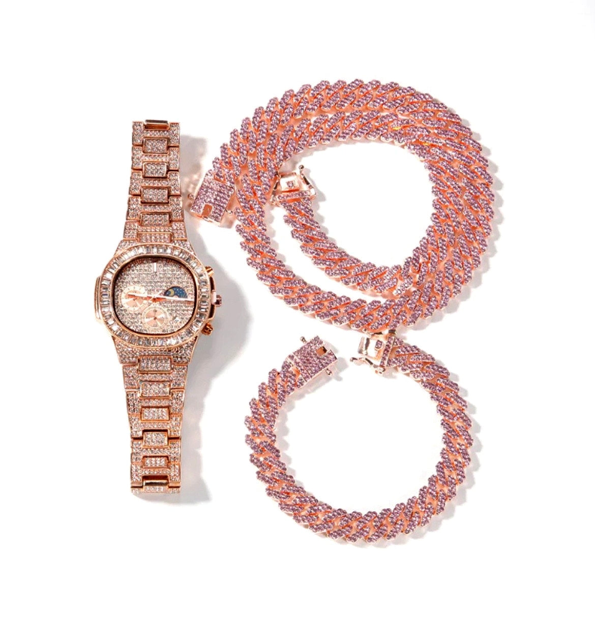 12MM Iced Out Bracelet + Necklace + Watch Set