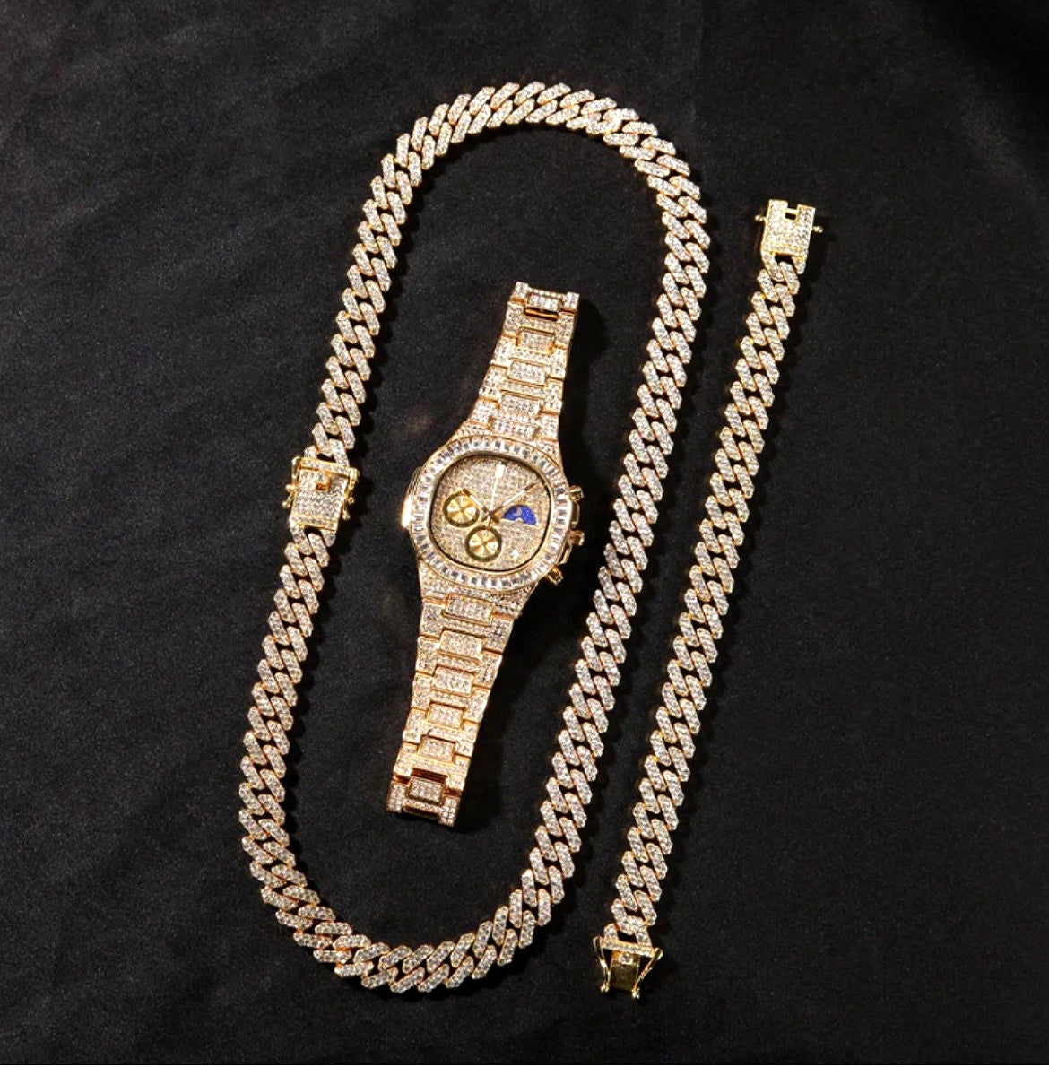 12MM Iced Out Bracelet + Necklace + Watch Set